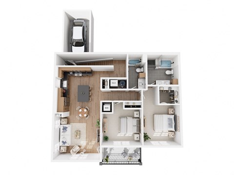 Apartment B1 floor plan showing a 2 bedroom, 2 bathroom apartment with attached garage